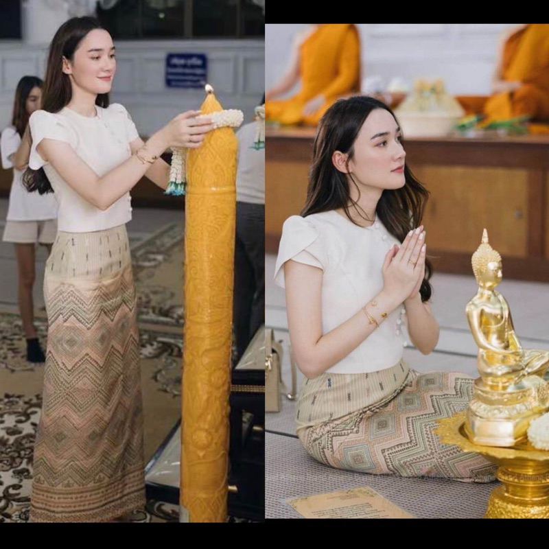 ชุดไทยใส่งานบุญสีขาวครีม ขายดี! ผ้าดี ทรงสวย ดูดีทุกงาน มุมมองที่ 3