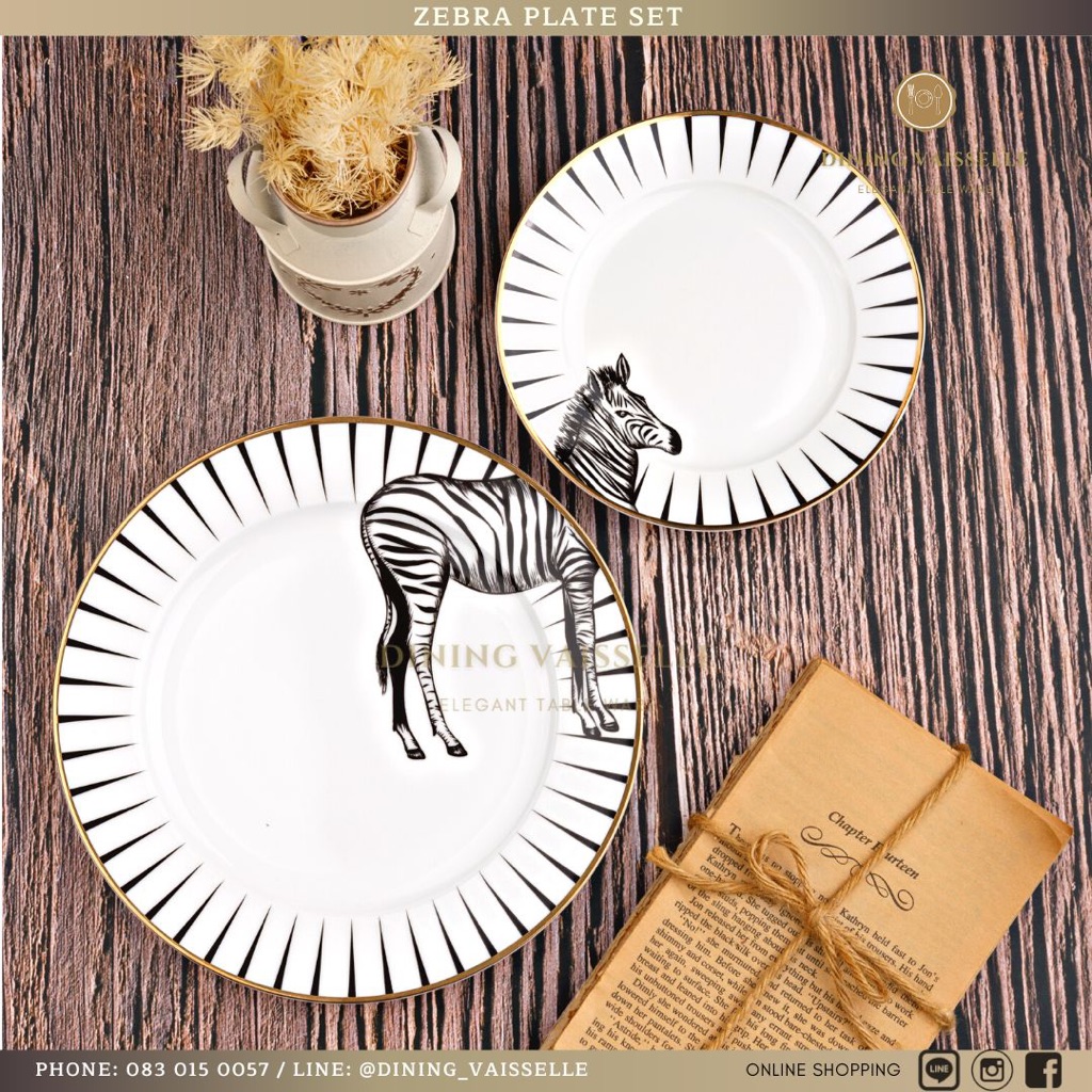 ชุดจาน-zebre-plate-ลายม้าลายขอบทอง-สวยมาก-ขนาด6นิ้ว-และ8นิ้ว-เนื้อfine-bone-อุปกรณ์บนโต๊ะอาหาร