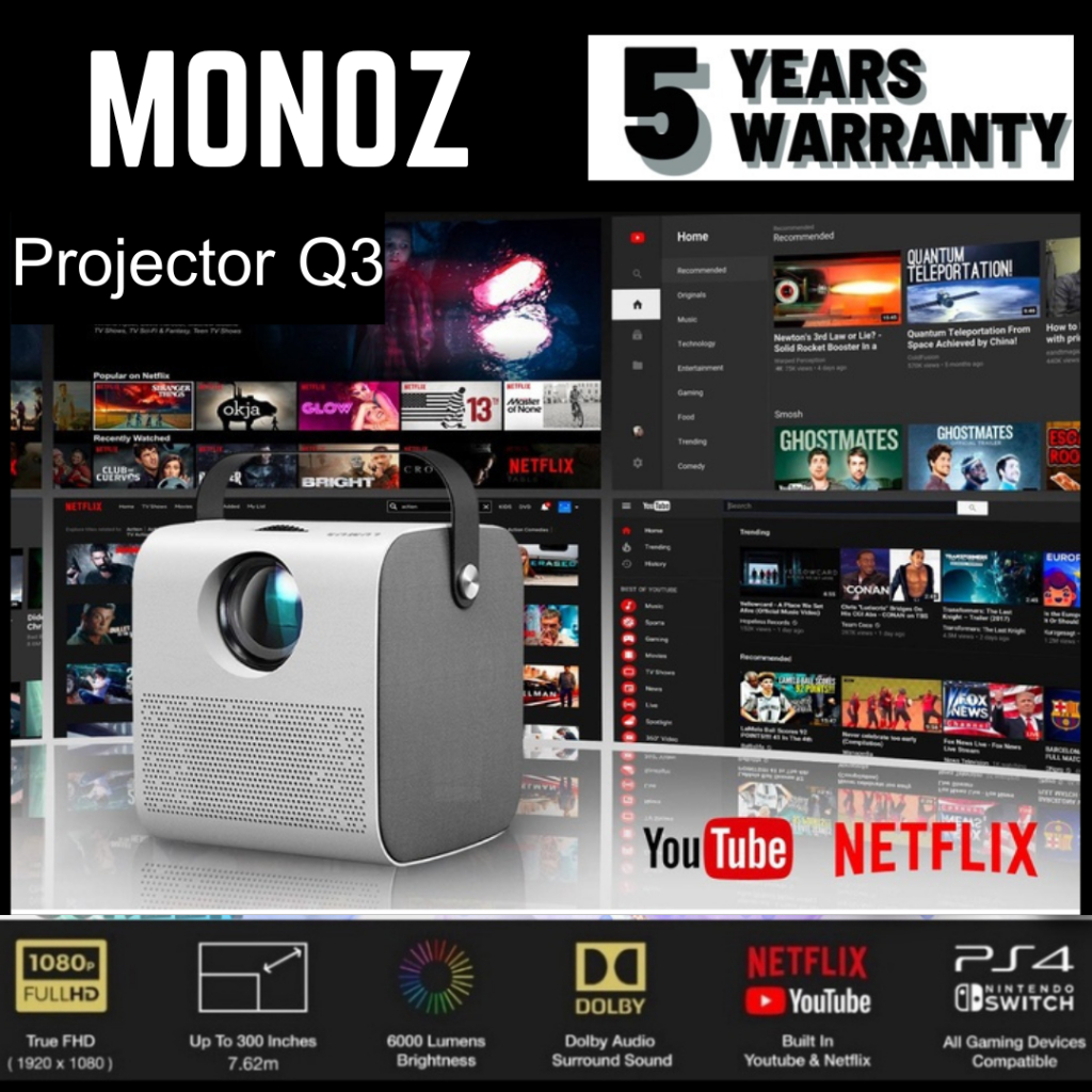 ภาพหน้าปกสินค้าจัดส่งฟรี MONOZ 1080P HD แอพในตัว Android Q3 Pro Projector (รับประกัน 5 ปี) มินิโปรเจ็กเตอร์
