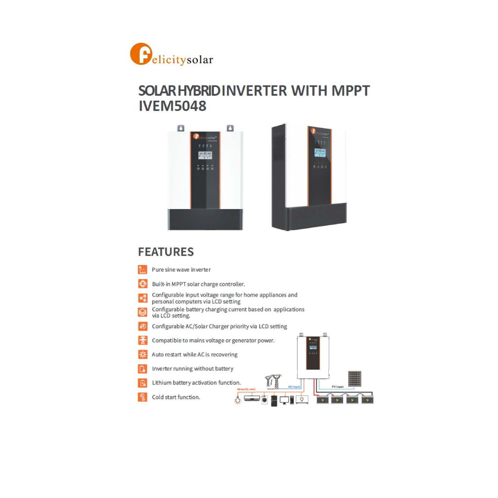 ไฮบริด อินเวอร์เตอร์ Felicity Solar Hybrid Inverter 5000W 48V MPPT 100A ...