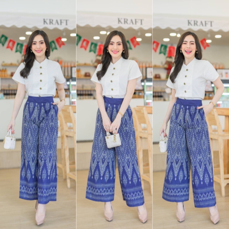 LANNA – ชุดเซทเสื้อแขนสั้น กางเกงขาบานผ้าไทย ผ้าฝ้ายพิมพ์ลาย