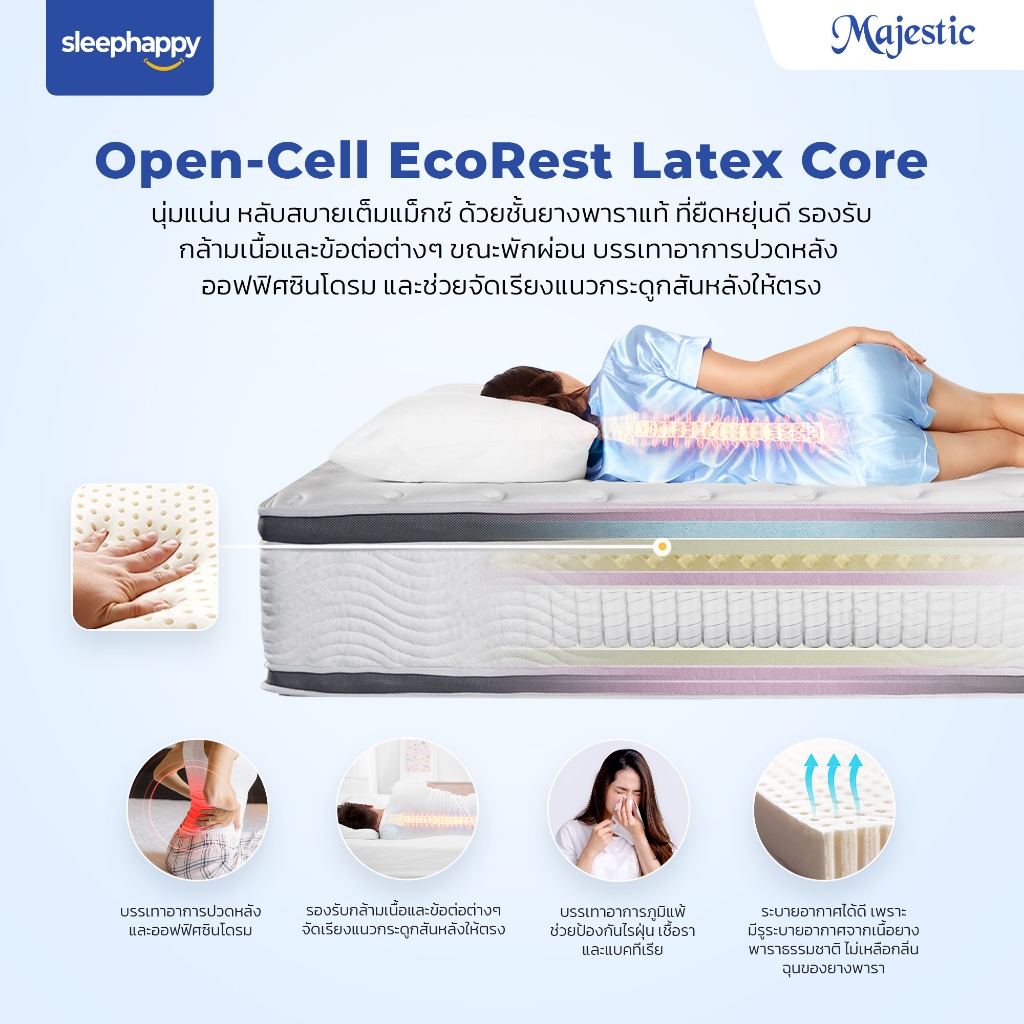 SleepHappy รุ่น Majestic ที่นอนยางพาราธรรมชาติ Hybrid เสริมคูลเจลเมมโมรี่โฟมและพ็อกเก็ตสปริง หนา 14 นิ้ว