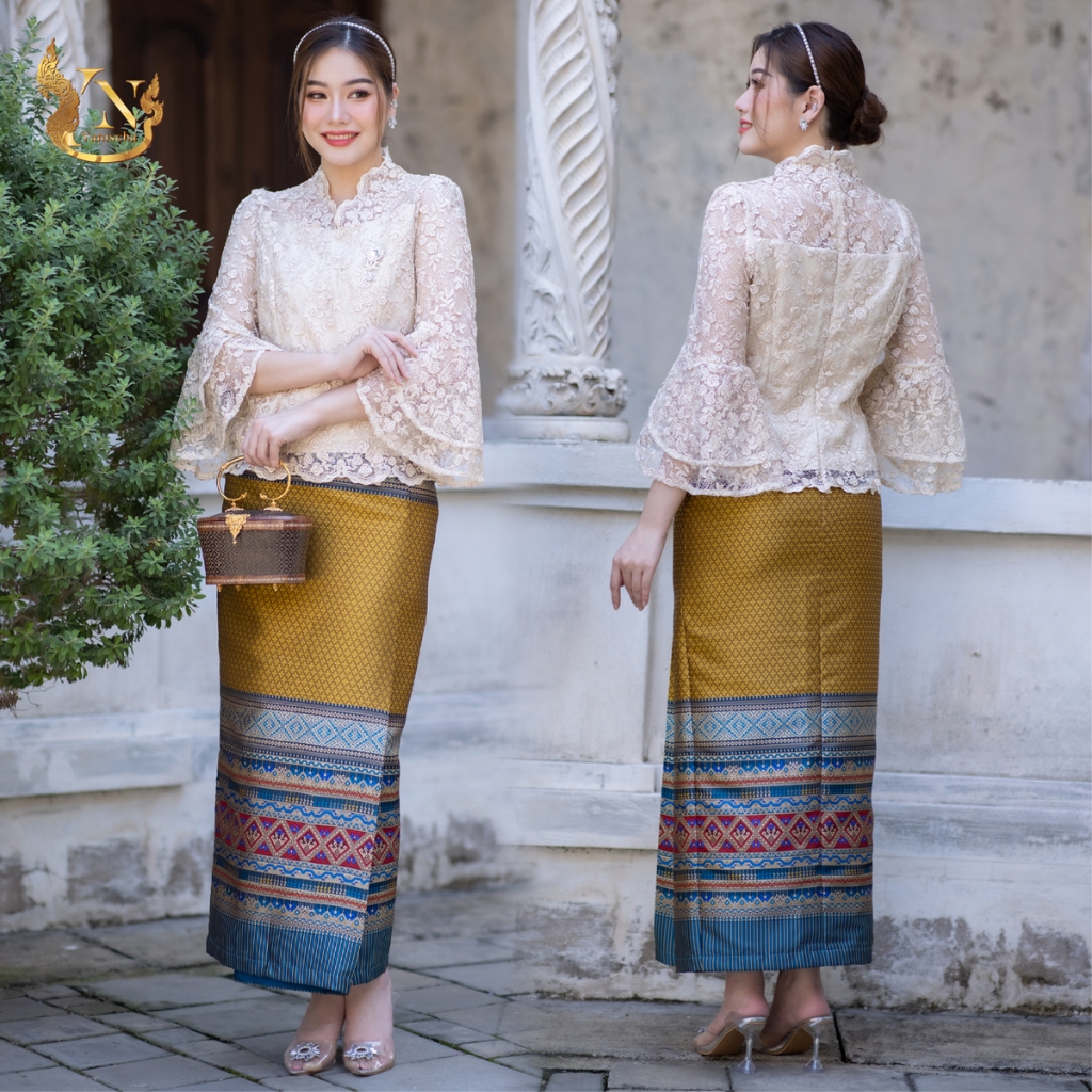 เสื้อลูกไม้ฝรั่งเศสดอกลอย Premium ชุดออกงาน-ไปวัด พร้อมผ้าถุง ไซส์ M-4XL มุมมองที่ 2