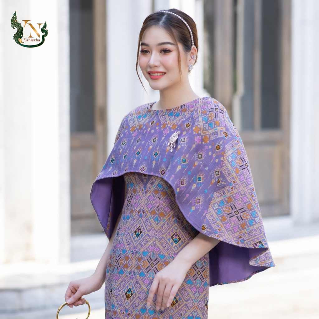 ชุดเดรสผ้าไหมปีกผีเสื้อ สีม่วงมงคล ไปวัดทำบุญ ไซส์ M-4XL ใส่สบาย มุมมองที่ 4