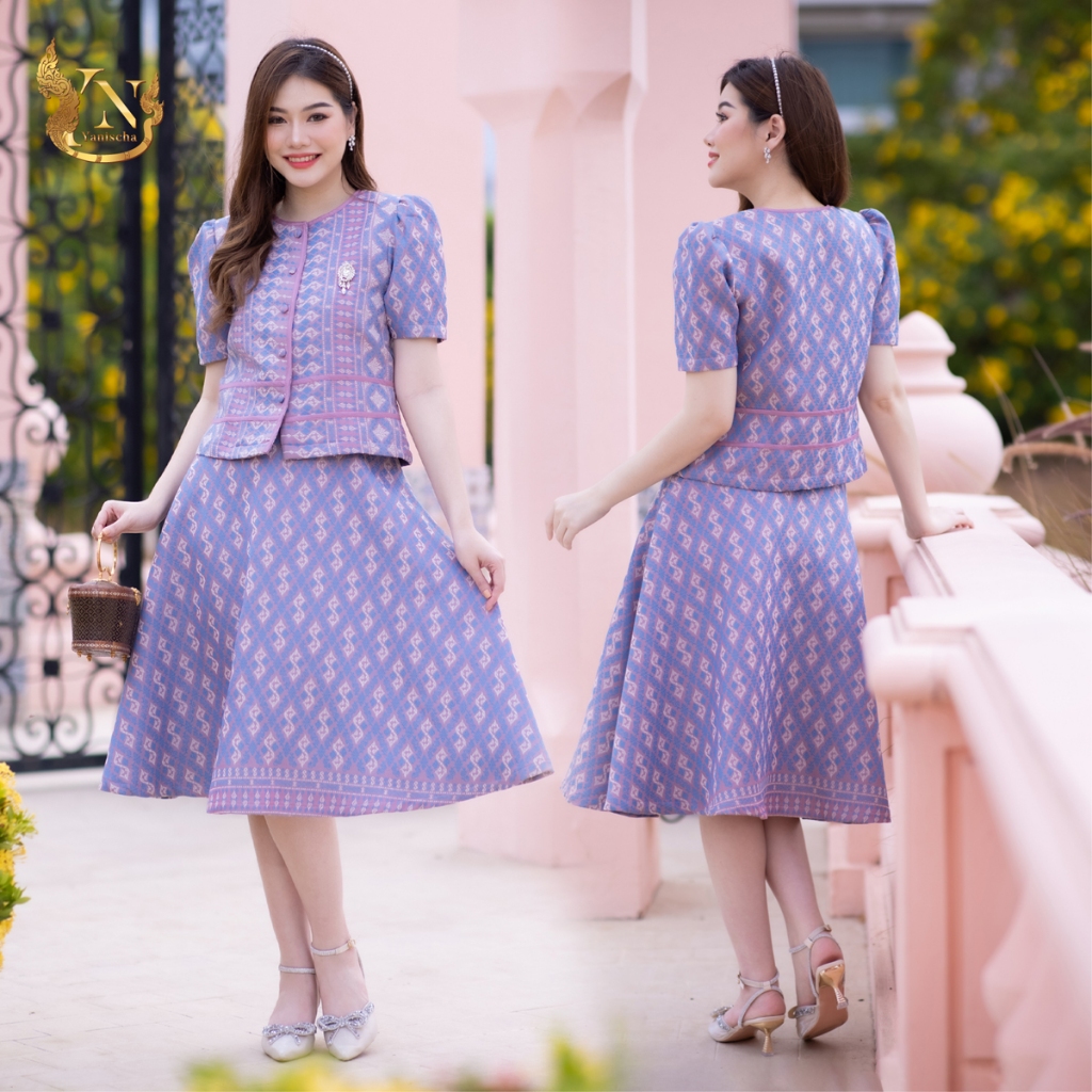 ชุดเซ็ทลายขอราชทาน ผ้าฝ้ายอัดกาว พรางพุง ใส่สวยหรู ไซส์ M-4XL มุมมองที่ 2