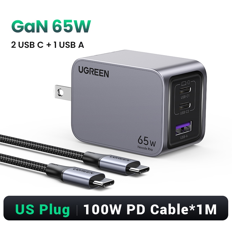 UGREEN รุ่น 25260 Nexode Pro 65W GaN USBC*2 USBA*1 หัวชาร์จ Super Fast Charging ขนาดเล็ก ขาพับ