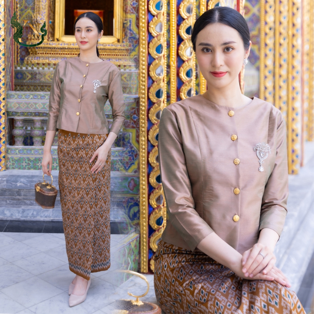 ชุดผ้าไหมแพรทิพย์ รุ่นกระดุมทองมะขามทอง ออกงาน ไปวัด ใส่สบาย ดูแพง
