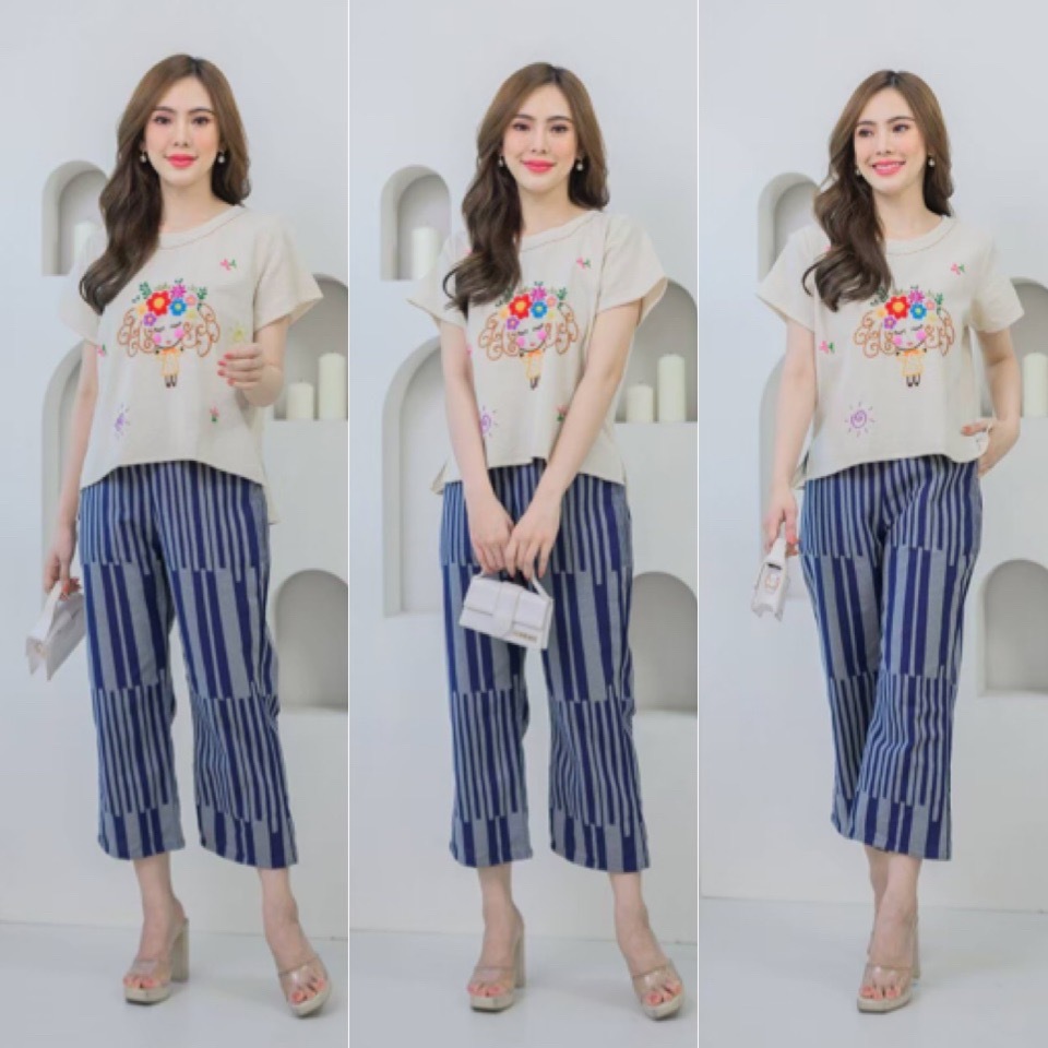 LANNA-ชุดเซต เสื้อปักมือแฮนเมด+กางเกงผ้าฝ้ายสม็อคหลัง ผ้าฝ้าย ผ้าไทย