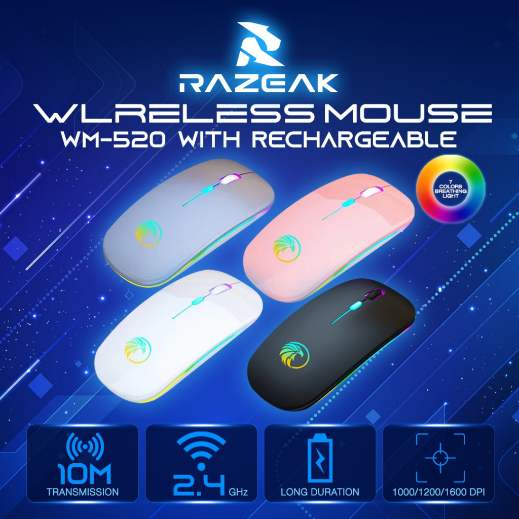 Razeak เมาส์ไร้สาย รุ่น RWM-520 ไร้เสียงคลิก/เมาส์แบบชาร์จแบต/500mA/พร้อมสายชาร์จแบต