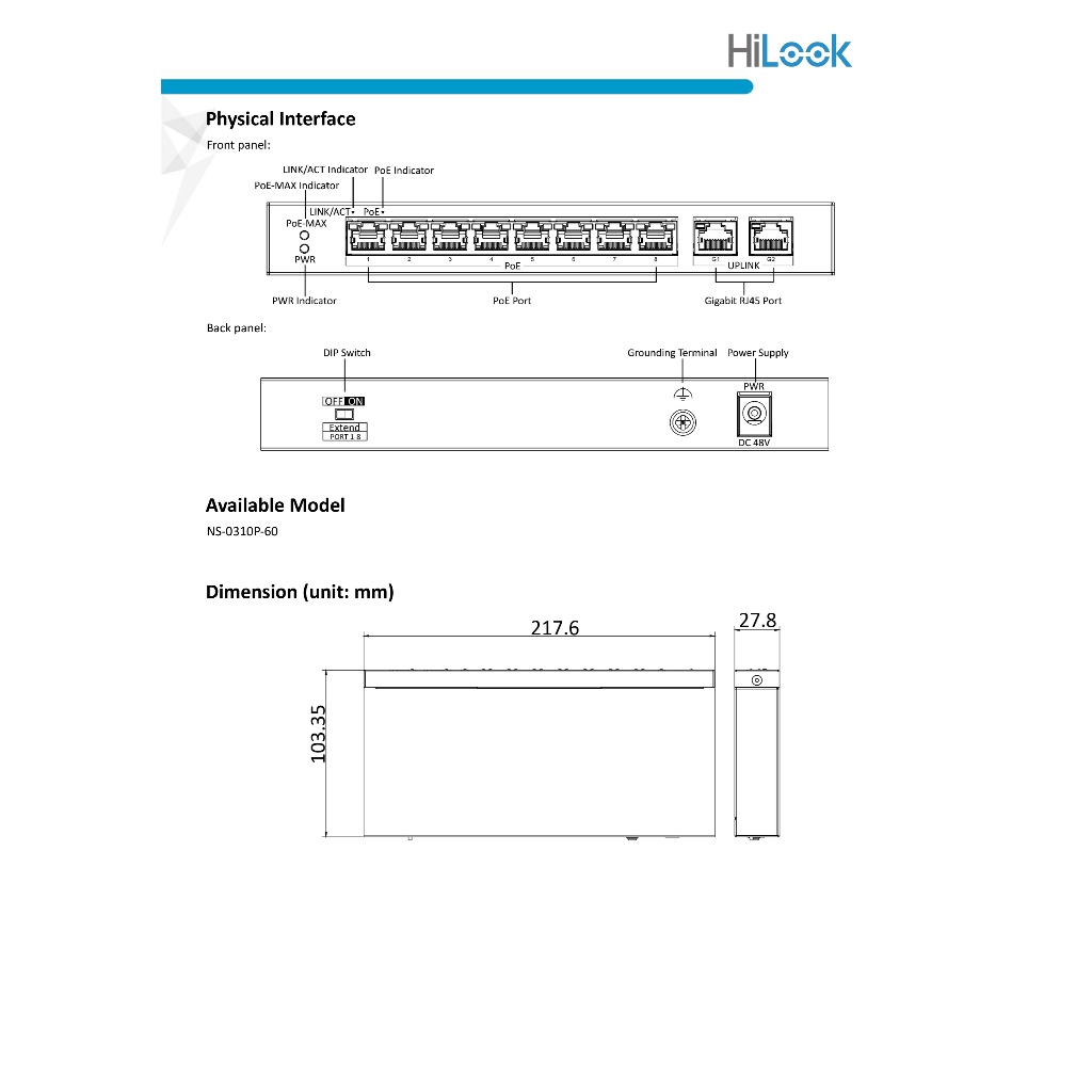 HILOOK NS-0310P-60 : 8 Port Fast Ethernet Unmanaged POE Switch BY ...