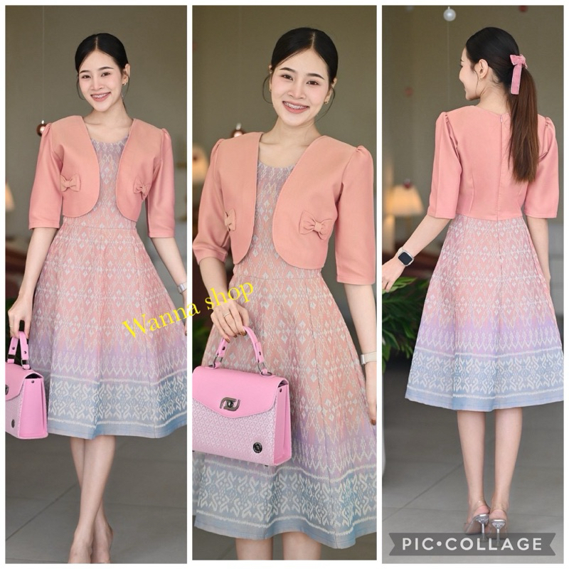 เดรสผ้าไทยลายกั๊กแขนสามส่วน ไซส์พอดีตัว เนื้อผ้านิ่ม สีสวยตรงปก พร้อมส่ง มุมมองที่ 2