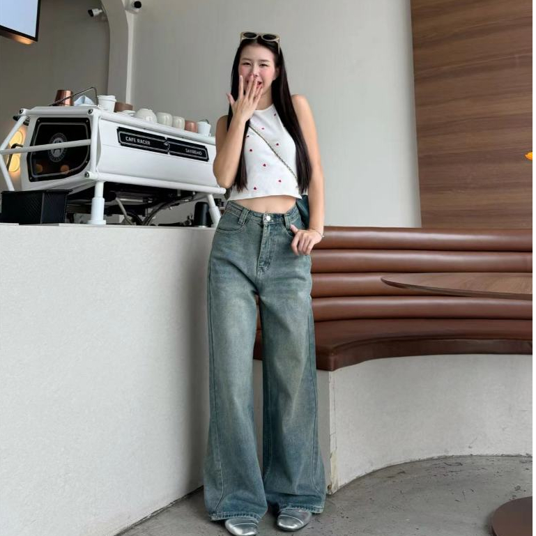 กางเกงยีนส์เอวสูง ทรงลิซ่า กระบอกใหญ่ ทรงสวย ใส่ สบาย แมทง่าย ใส่ได้ทุกลุค - 3