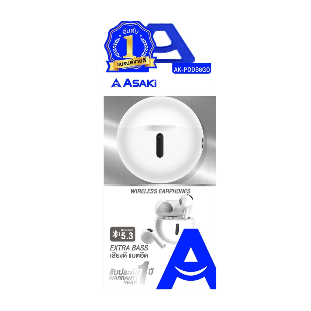 ASAKi AK-PODS6GO True Wireless Bluetooth 5.3 หูฟังไร้สาย หูฟังทรูไวเลท หูฟังบลูทูธพร้อมกล่องชาร์จ ไมค์ชัด เสียงดัง รับประกัน 1 ปี