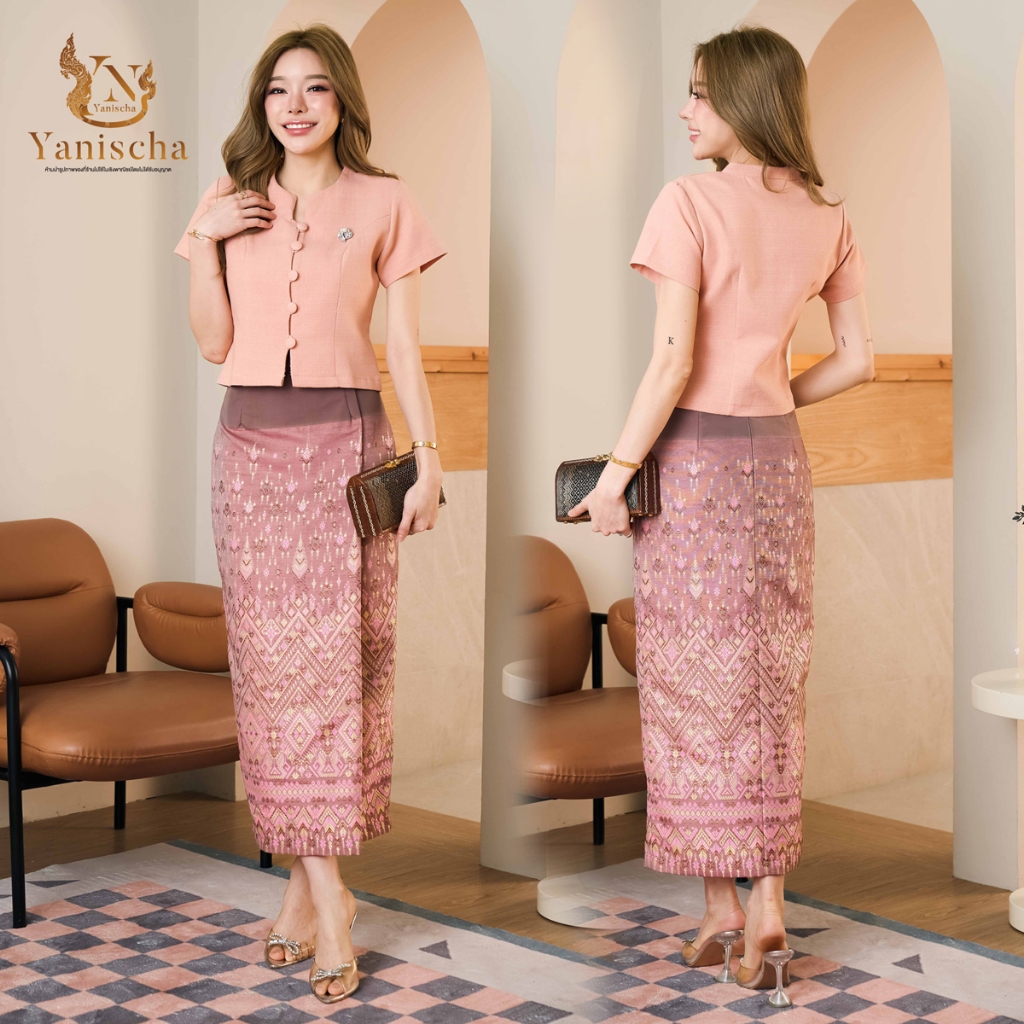 Yanischa Dress ชุดออกงานผ้าฝ้ายชินมัย สีพีช ใส่แล้วผอม ไปวัด งานบุญ พร้อมส่ง มุมมองที่ 3