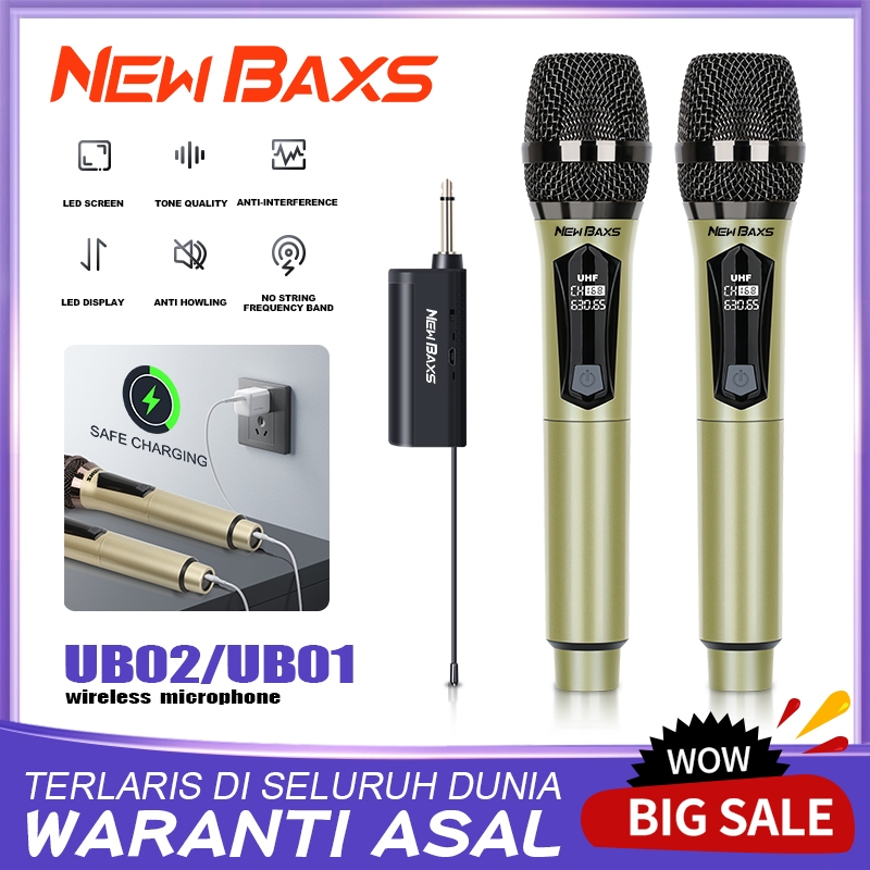NEW BAXS UB01/UB02 ไมโครโฟนไร้สาย 2 ไมโครโฟนแบบใช้มือถือ 50M ระยะทางรับ UHF FM Cyclic ชาร์จไม่มีการรบกวน KTV