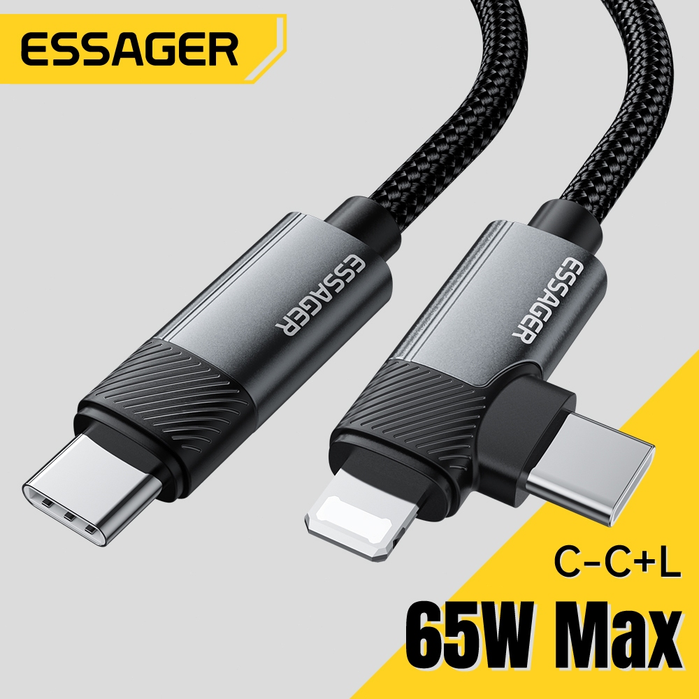 Essager สายชาร์จ 65W 2-in-1 Type C to L + Type C พร้อมชาร์จเร็วสำหรับอุปกรณ์ Apple