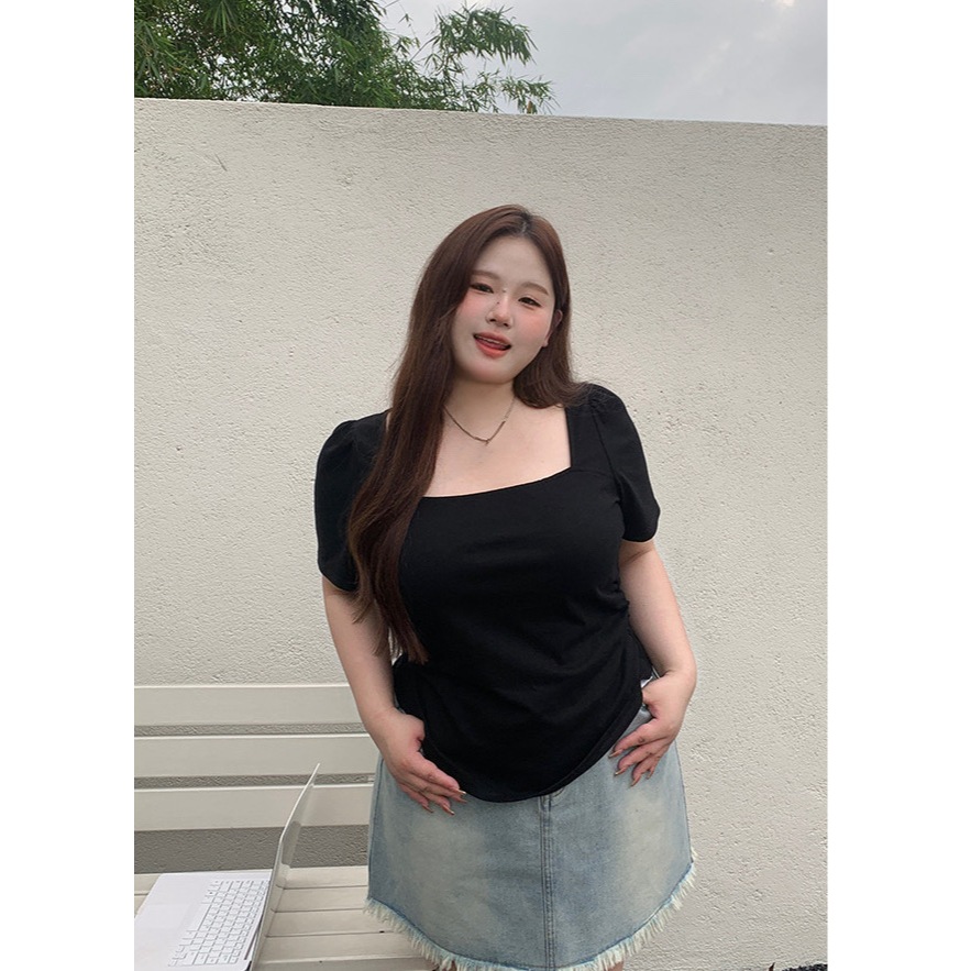 CC Plus+ (J1368)เสื้อไหมพรมคอเหลี่ยมแขนสั้นดีเทลจ้ำเอวสไตล์เกาหลี เหมาะ ...