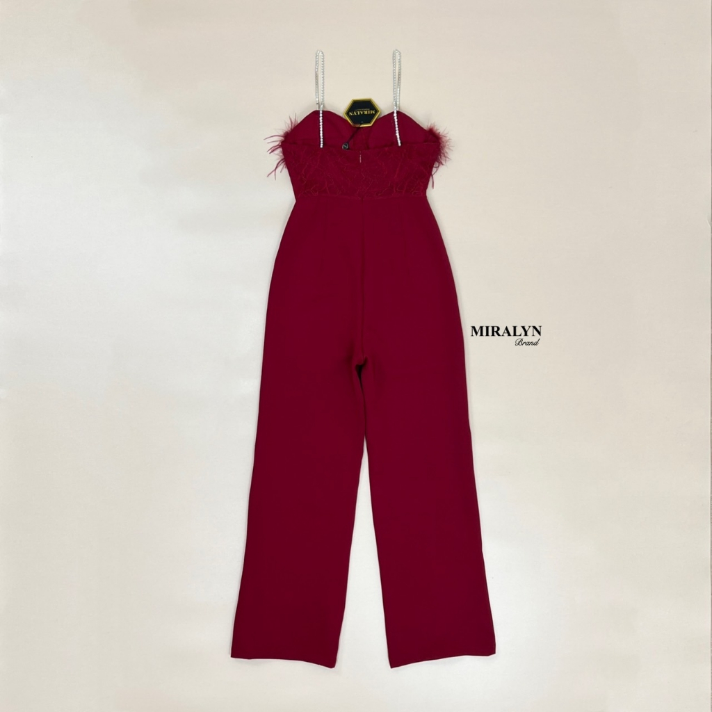 miralyn-จั้มกางเกงขายาวเสื้อแต่งสายเพชรสีแดง-รบกวนเช็คสต๊อกก่อนกดสั่งซื้อ