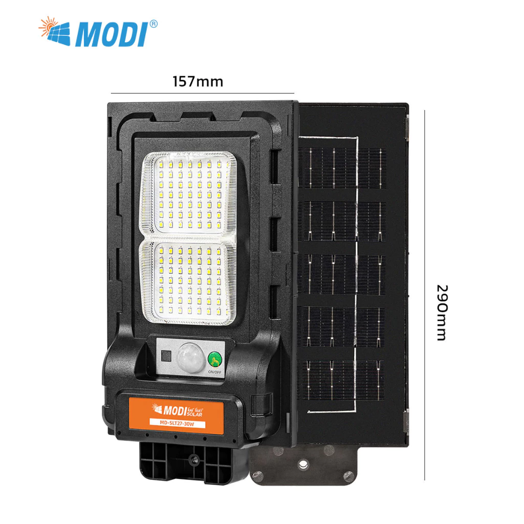 MODI ไฟถนนโซล่าเซลล์ 30W แสงขาว/เหลือง โคมไฟพลังงานแสงอาทิตย์ พร้อมขาเหล็ก กันน้ำมาตรฐาน IP67