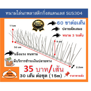 หนามกันนกสแตนเลส ฐานพลาสติก จำนวนขาพิเศษ 120 ขาเมตร หนามไล่นก ชุด 15 เมตร ** ราคาใหม่ 35 บาทต่อเส้น***