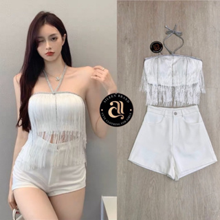 🎀ถูกที่สุด🎀Aileen Set 2 ชิ้น เสื้อครอปเกาะอกสีขาวแต่งขอบ