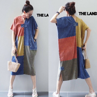 Stone-wash เดรสผ้าสโตนวอซ คอวี หน้าหลัง ตัดต่อสลับสี oversize  อก50” Thelandmark