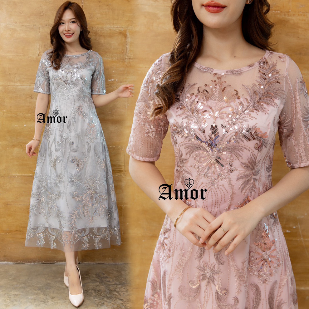ส่งฟรี-ชุดเดรสลูกไม้ปักเลื่อม-ชุดราตรี-สีกะปิ-สีเทา-m-4xl-amor
