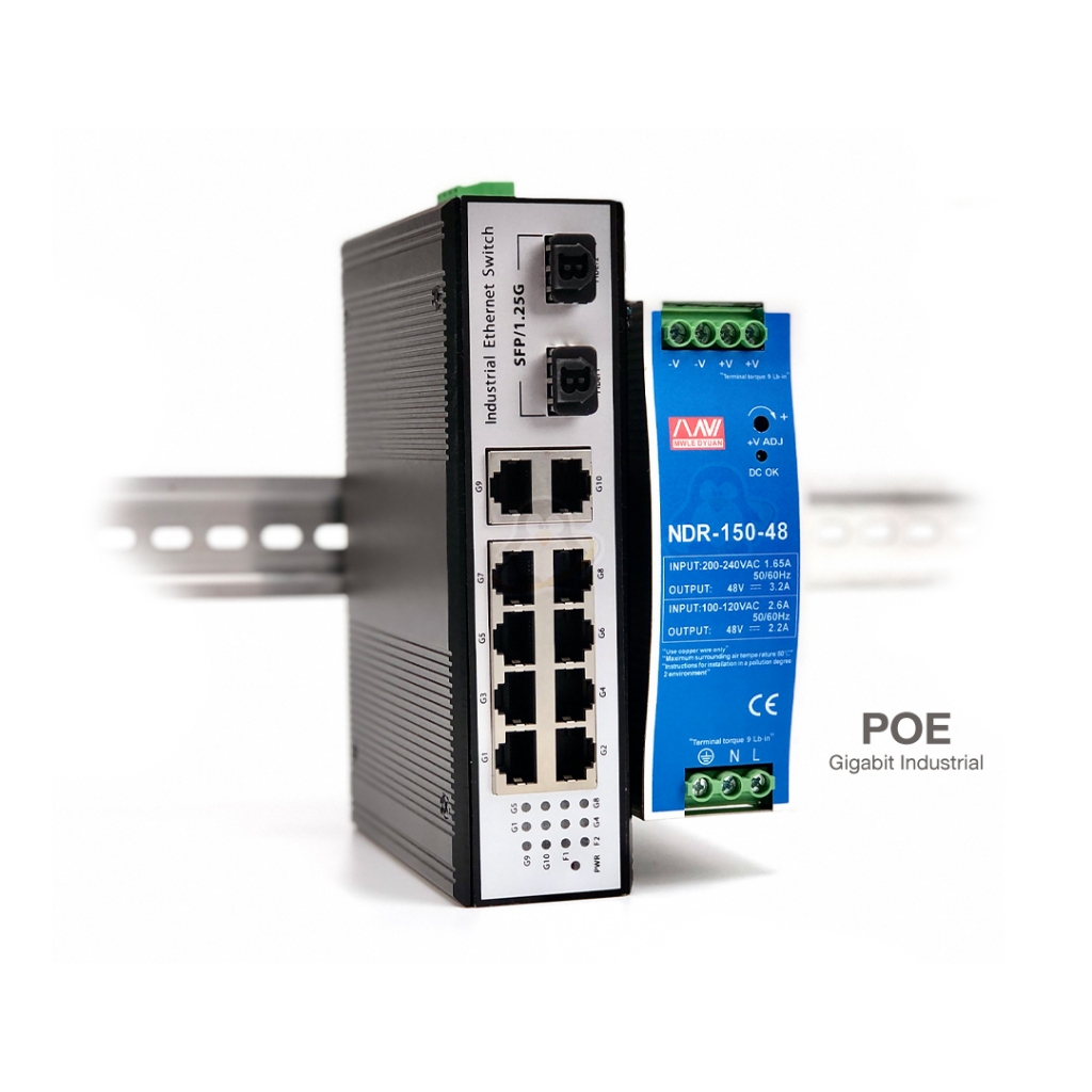Gigabit Industrial PoE Switch 12 Port (8 POE + 2 GE + 2SFP) พร้อม Power