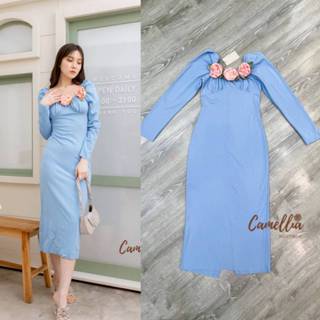 Camelia:Maxidress ผ้ายืดแขนยาวสีฟ้า(*รบกวนเช็คสต๊อกก่อนกดสั่งซื้อ)