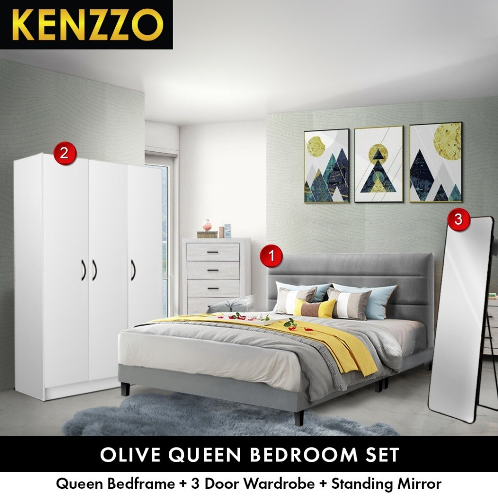 พร้อมส่ง-kenzzo-ชุดห้องนอน-เตียงพร้อมตู้เสื้อผ้าและกระจกตั้งพื้น-3-in-1-ไม่รวมที่นอน-bedroom-set