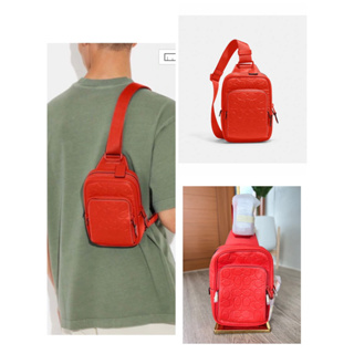 (ผ่อน0%) กระเป๋าคาดอก คาดหลัง Coach Track Pack 14 In Signature Leather CH072 หนังปั้มลายซี สีแดงอมส้ม