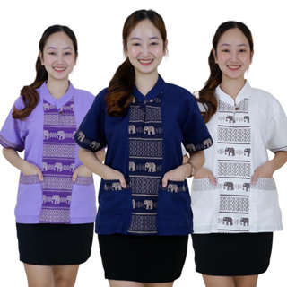 เสื้อคอจีนผ้าฝ้ายแต่งลายช้างกลาง
