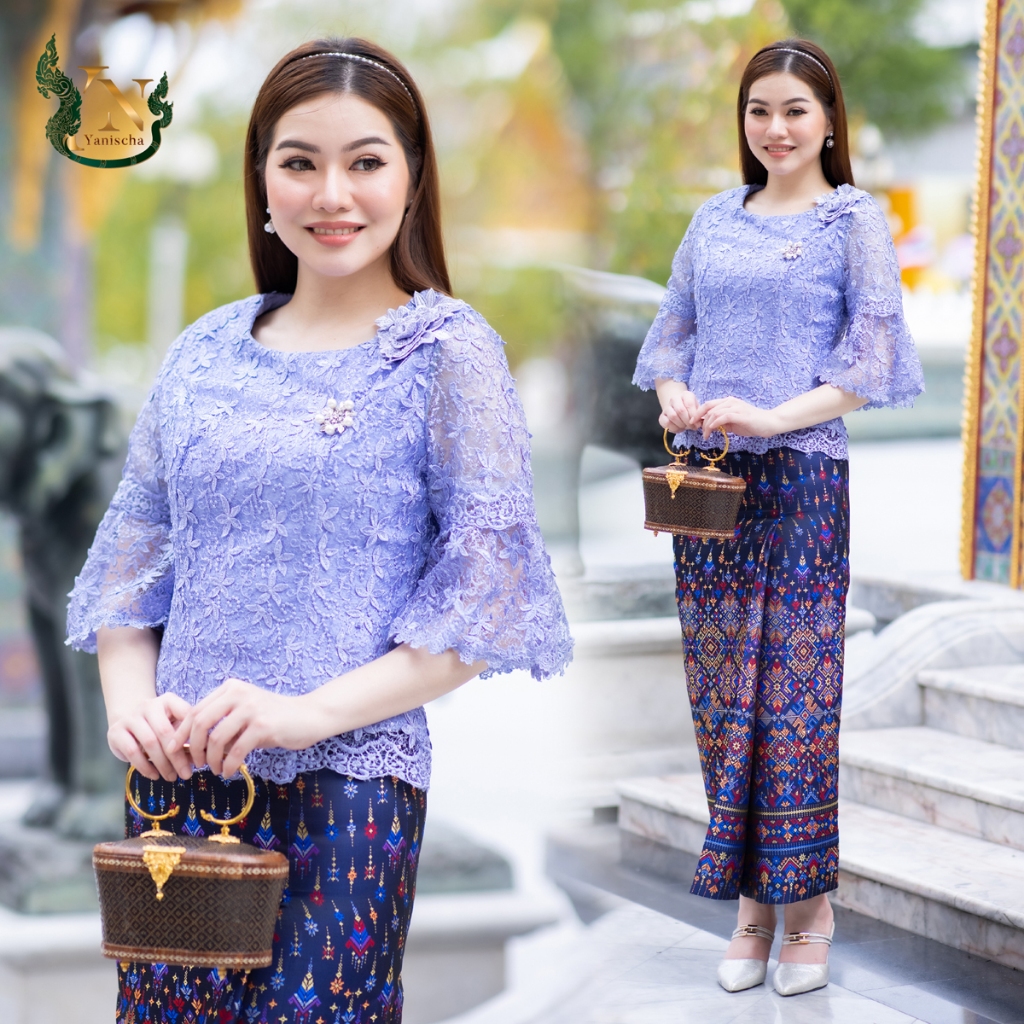 ชุดไทยลูกไม้พรีเมี่ยม ผ้าไหมแพรวาลายกาฬสินธุ์ ม่วง งานช่าง 20 ปี ดูผอม พร้อมส่ง