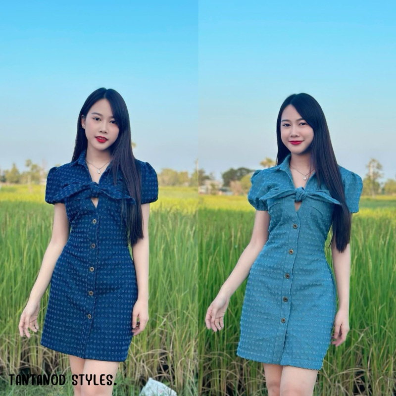 เดียวรสยีนส์ ผูกโบว์หน้า แขนตุ๊กตา เอวสม็อค