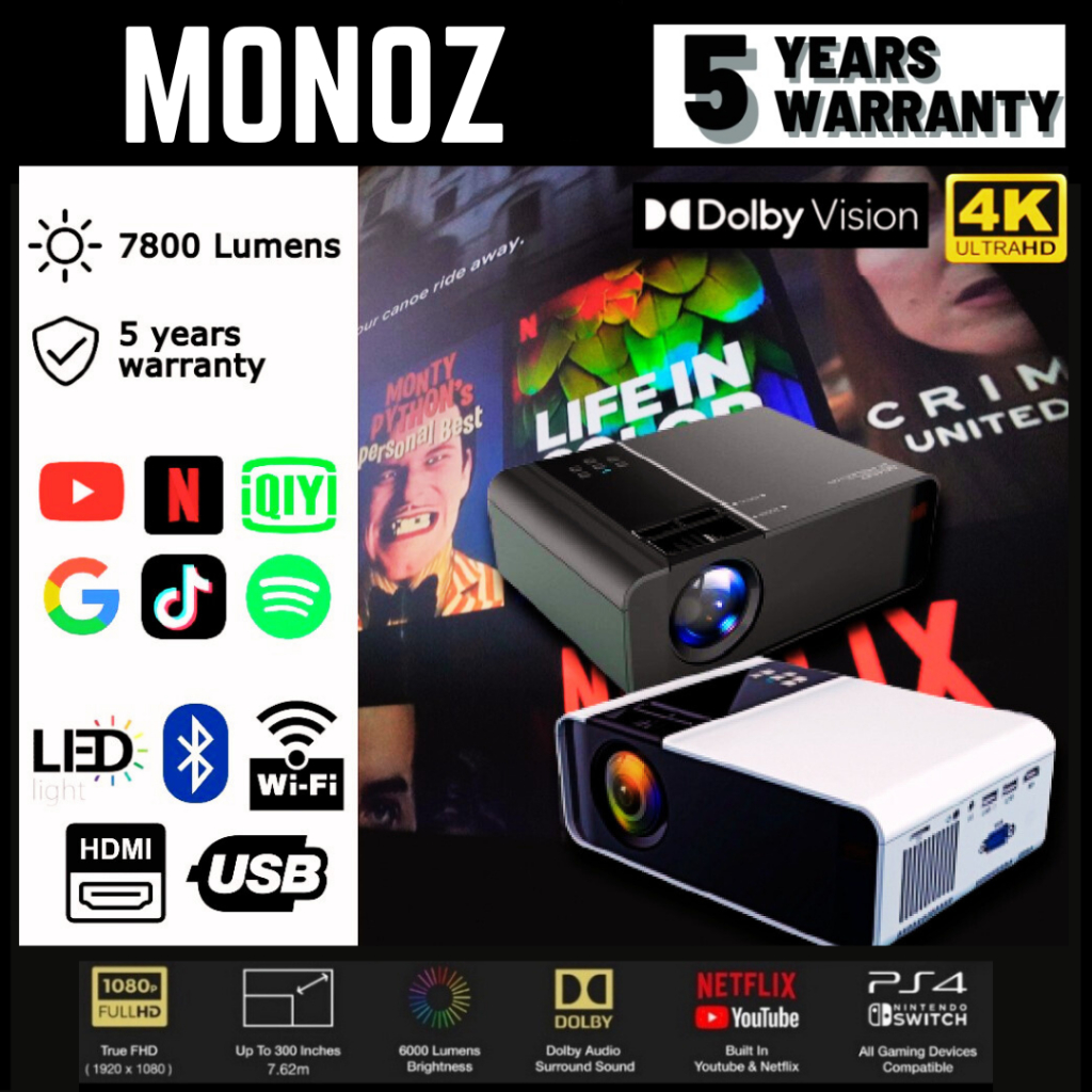 ราคาและรีวิวขายใหญ่ MONOZ  6000 Lumens Android Mini Projector โปรเจคเตอร์ HD WIFI LCD LED Projector โฮมเธียเตอร์