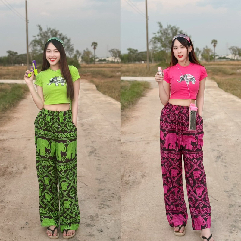 ชุดเซ็ตช้าง ชุดสงกรานต์ เสื้อครอปสกรีนลายช้าง กางเกงขายาว รุ่นJeedJard