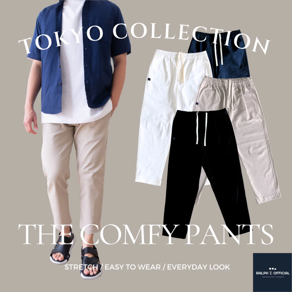RALPH T OFFICIAL กางเกงขายาวผู้ชาย ทรงกระบอก เอวยางยืด TOKYO COMFY PANTS ชิโน่ - กางเกงขายาวชาย สีเบจ สีขาว สีดำ สีกรม