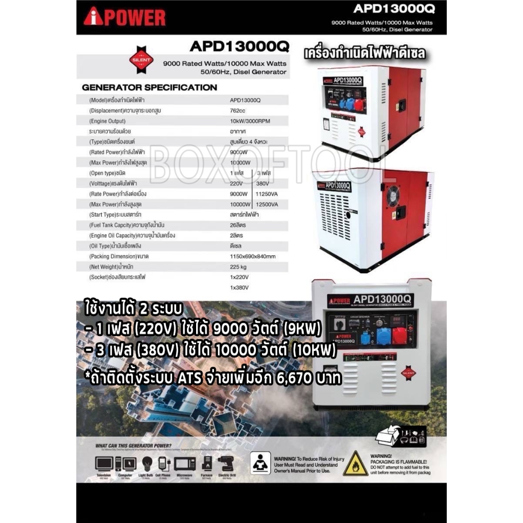 เครื่องปั่นไฟดีเซล 10KW / 2 ระบบ / รุ่นเก็บเสียง AIPOWER APD13000Q
