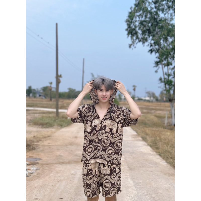 ชุดเซตช้าง เสื้อเชิ้ตแขนสั้นมีฮู้ด กางเกงขาสั้น