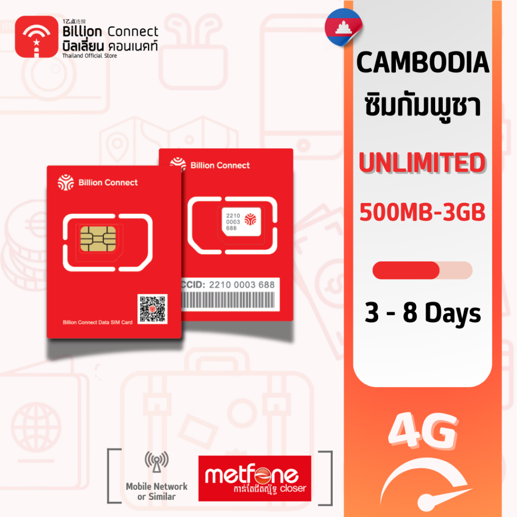 Cambodia Sim Card Unlimited 500MB3GB Daily สัญญาณ Metfone ซิมกัมพูชา