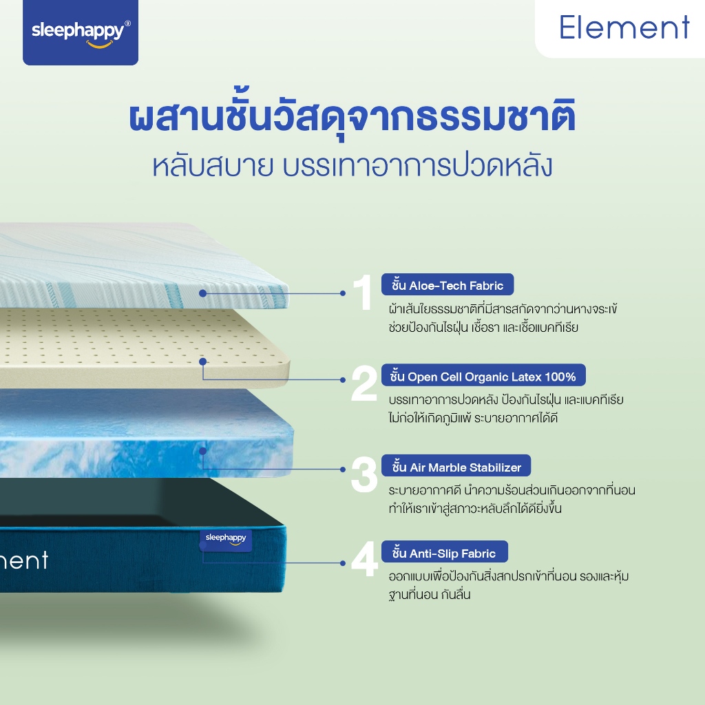 SleepHappy รุ่น Element ที่นอนยางพาราแท้ 100% หนา 9 นิ้ว ที่นอนเพื่อสุขภาพช่วยลดอาการปวดหลัง มีให้เลือกขนาด 3.5, 5, และ 6 ฟุต