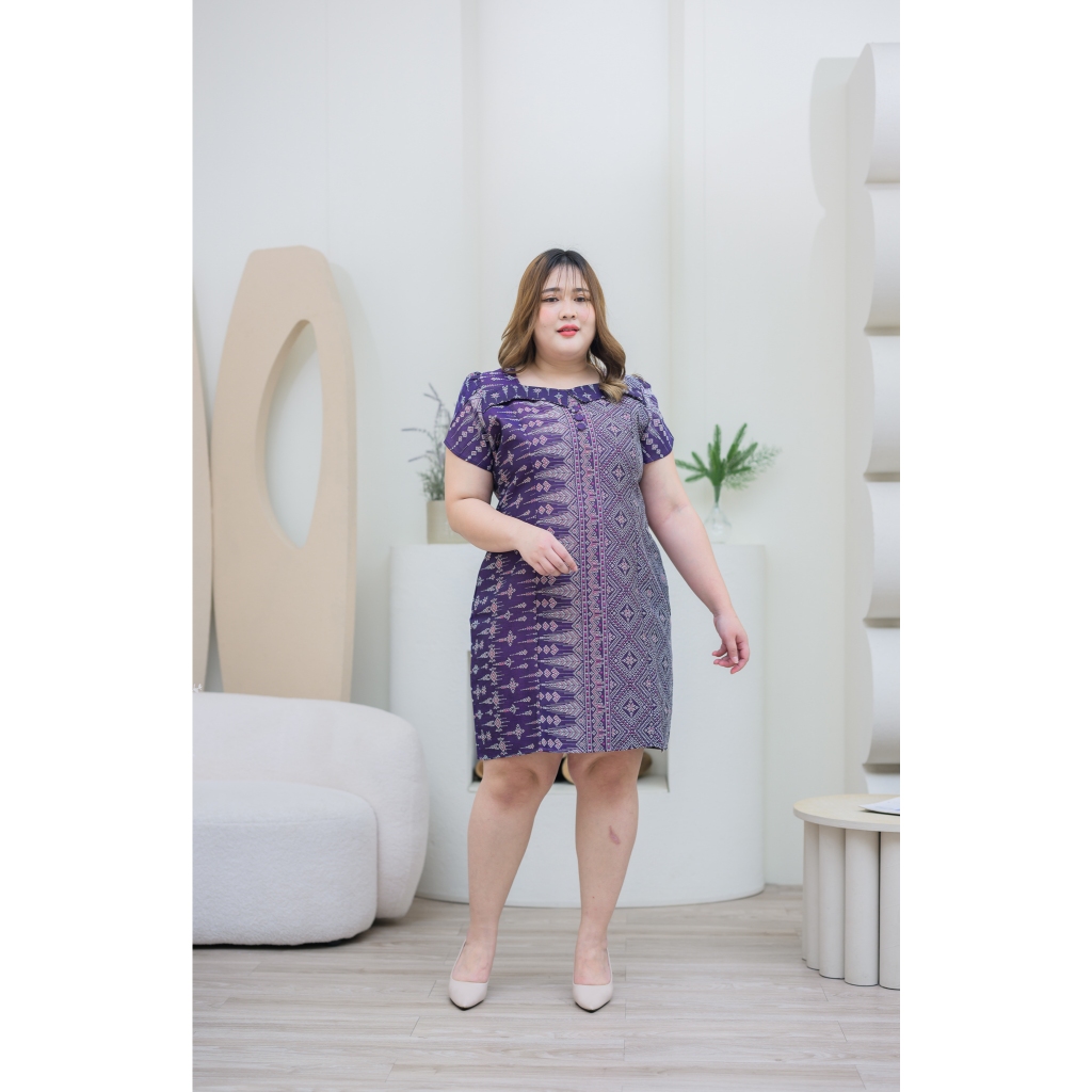 เดรสผ้าฝ้ายทอลายไซส์ใหญ่ ทรงสวยเก็บพุง อัดกาวทั้งชุด XL-5XL ผ้าไทยนำสมัย มุมมองที่ 4