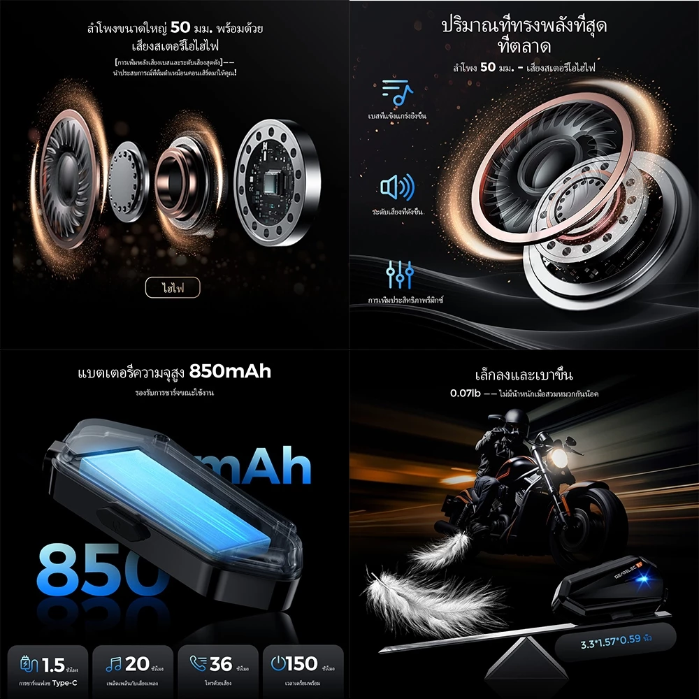 GEARELEC F1 ชุดหูฟังบลูทูธ หูฟังหมวกกันน็อค บลูทูธ 5.3 แฮนด์ฟรี IP65 กันน้ํา HIFI & EQ เพลิดเพลินกับดนตรีที่ดีที่สุดในการขี่