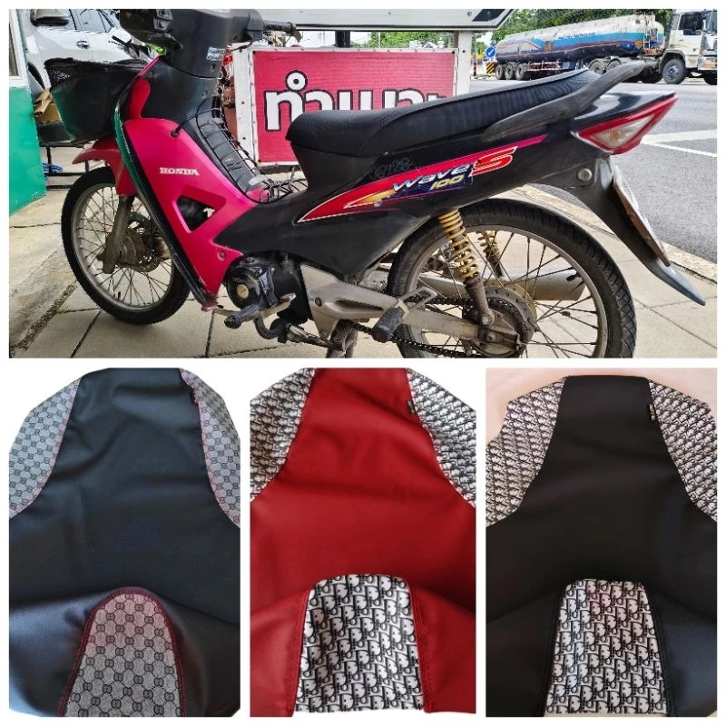 ผ้าหุ้มเบาะหรือหนังหุ้มเบาะ เวฟ 100s หุ้มเบาะปาดและเบาะเดิมหนังเรดเดอร์ดำตัดลายแฟชั่นงานไม่ใช่ยางยืด รูปที่ 3