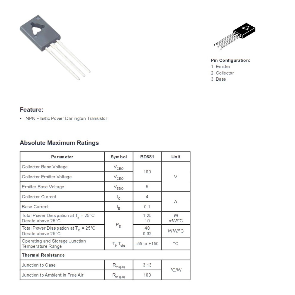 BD681 TO-126 Power Transistor ทรานซิสเตอร์ (รับประกันสินค้า 6 เดือน) มี ...
