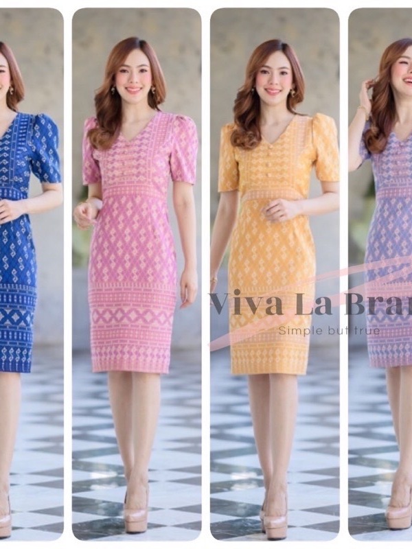 เดรสลายขอพระราชทาน V86 ผ้าทออัดกาว ไม่ยับ ดูแพง 6 สี 5 ไซส์ มุมมองที่ 3