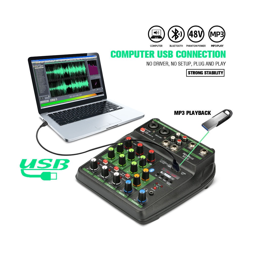 NEW BAXS M4G Professional Mixer 4 Channels 48V Phantom Power USB ...