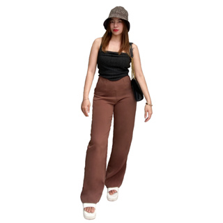 ฺิ" MaTa " กางเกงขายาวผู้หญิง กระบอกกลางขอบในตัวเอวสูง (ผ้าเปเป้) มีสีดำ ครีม โอวัลติน (S-2XL)