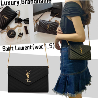 แซงต์โลรองต์ Saint Laurent/โลโก้ตัวอักษรเนื้ออนุภาคนูนกระเป๋าสตางค์หนังโซ่/กระเป๋าสะพาย/ใหม่（woc7.5）