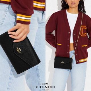 (ผ่อน0%) กระเป๋าสตางค์ สะพายข้าง คลัช สายโซ่สีทอง หนังแท้สีดำ 8 นิ้ว Coach Envelope Clutch Crossbody CH518